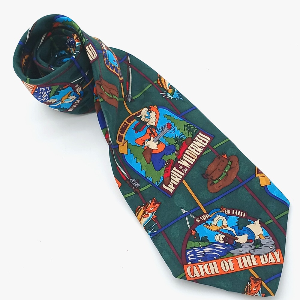 Vintage Disney Mens 100% Silk Tie Spirit of the Wilderness Hunting Fishing Retro